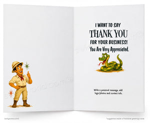 The image is a greeting card with a cartoon character holding a star and a snake. The card has a message that says "I want to say Thank You for your business! You Are Very Appreciated."