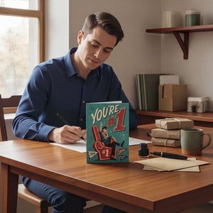 A man is sitting at a desk, writing on a piece of paper with a pen. In front of him is a card with a cartoon character and the text "You're #1". There are also some books and a mug on the desk.