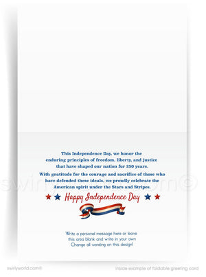 Independence Day greeting card with text and decorative elements on a white background