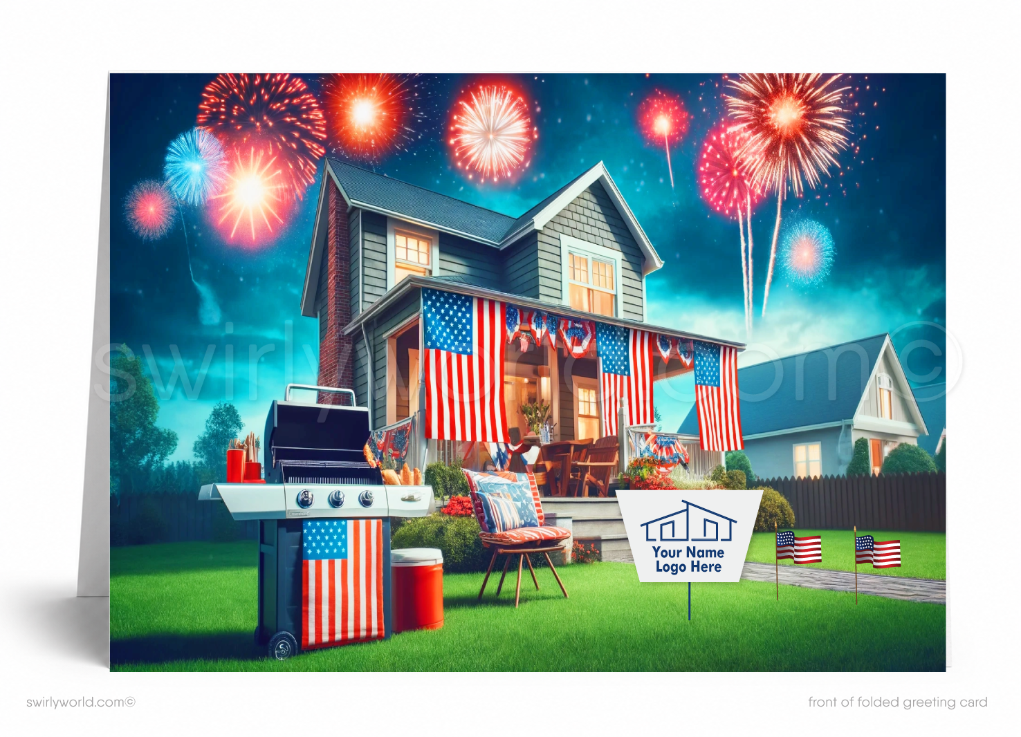 A large house with American flags and a grill is surrounded by a vibrant display of fireworks in the night sky.