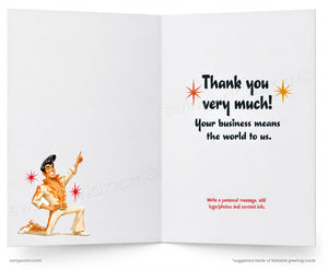 An open greeting card with a white background. The left panel shows a retro-style illustration of a man in a gold suit kneeling and pointing upward, with small red starburst accents.