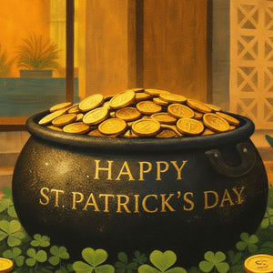 A large pot filled with gold coins sits on a bed of green shamrocks, with the text "Happy St. Patrick's Day" written on the pot.