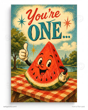 Cartoon watermelon character with text 'You're ONE...' on a vintage-style background
