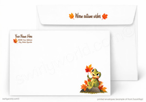 a white envelope with a cartoon frog sitting on a rock surrounded by autumn leaves. The frog is holding a maple leaf in its mouth. The envelope has a personalized message and a design element that adds a touch of whimsy to the envelope.