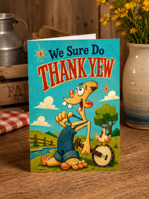 A greeting card with a cartoon character playing a banjo and a chicken, with a blue background and a message that says "We Sure Do Thank Yew".