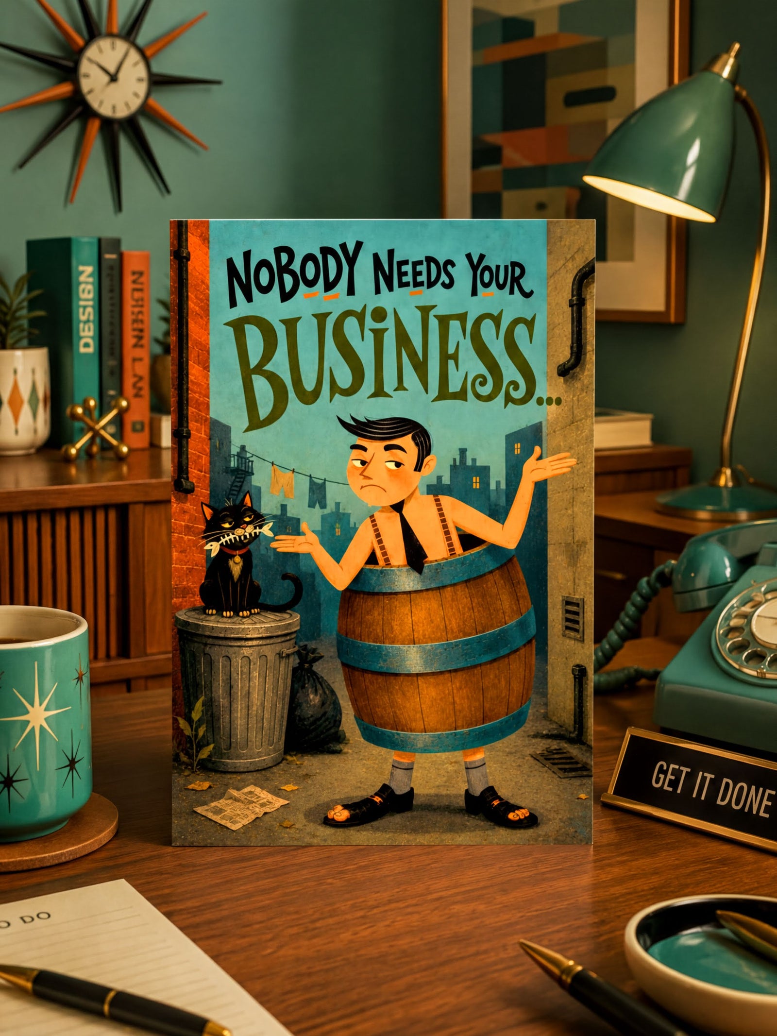 A folded greeting card shown upright on a white background. The card features a humorous illustration of a man standing in front of a wooden barrel with his hands outstretched, next to a black cat in a trash can.
