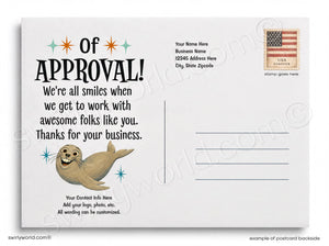 Postcard with a cartoon seal and text about approval and business, featuring an American flag on the top right corner.