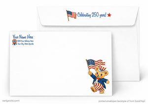 a white envelope with a cartoon bear wearing a patriotic outfit and holding an American flag. The envelope has a celebratory message that reads "Celebrating 250 years!" and includes a star symbol. The envelope also has a space for a recipient's name and address, as well as a space for a printed envelope example of the front and back.
