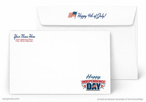 The image is a printed envelope with a patriotic design for the 4th of July, featuring an American flag and the text "Happy 4th of July!"