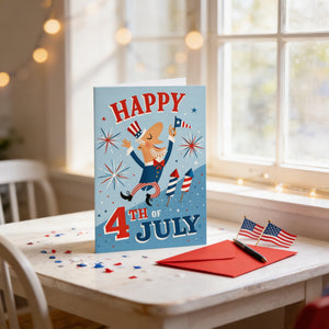 A blue greeting card with a cartoon character celebrating the 4th of July sits on a table, surrounded by American flags and confetti.