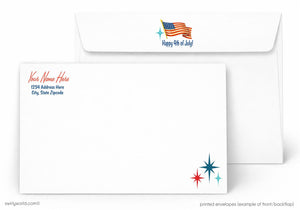 The image is a printed envelope featuring a patriotic design with an American flag and stars, along with a message that reads "Happy 4th of July!"