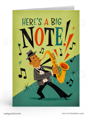 Greeting card with a man playing saxophone and colorful text on a green background
