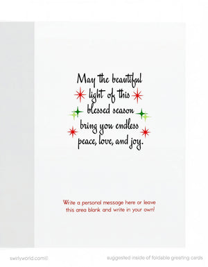 a greeting card with a message wishing the viewer a beautiful and blessed season. The card has a white background with red and green stars and text.