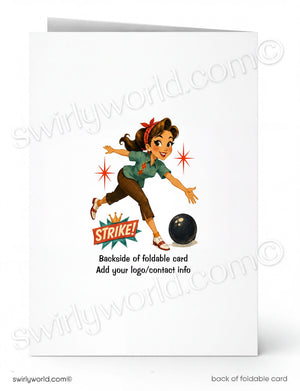 Vintage-style greeting card with a girl bowling and 'Strike!' text on a white background.