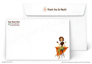 A printed stationery set showing a white envelope behind a matching white card or envelope front. The front has placeholder text and a small retro-style illustration of a woman sitting at a table, while the back envelope reads 'Thank You So Much!' with a small starburst icon.