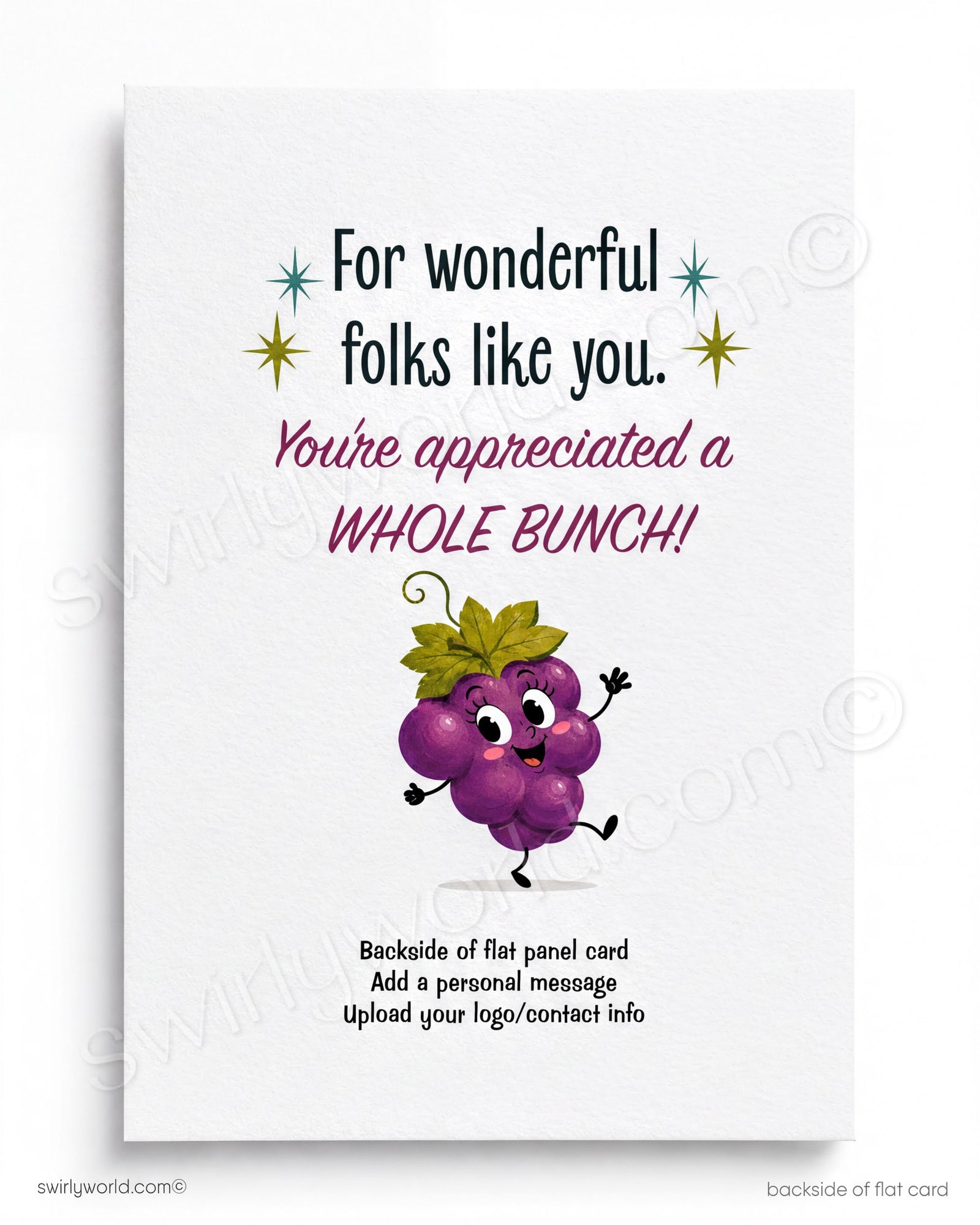 a grape character giving a thumbs up, with a vineyard and stars in the background.
