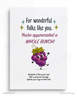 The image is a flat panel card with a playful grape character and a message that says "For wonderful Folks like you. You're appreciated a Whole Bunch!"
