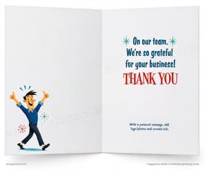 An open greeting card with a white interior. The left panel shows a cartoon man in a blue shirt and dark pants giving thumbs up, with small starburst and snowflake graphics.