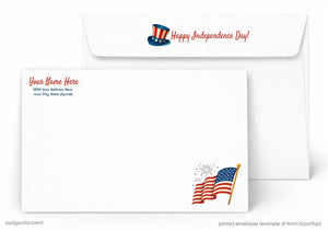 Independence Day themed letterhead with American flag and Uncle Sam hat design.