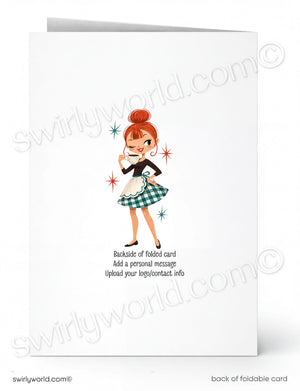 a cartoon illustration of a woman with red hair wearing a green and white checkered dress, holding a teapot, and surrounded by stars. The text below the illustration provides instructions for creating a personalized card, including adding a personal message and uploading the logo/contact information.