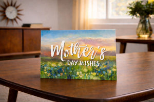 A Mother's Day card with a painting of a field of flowers and the text "Mother's Day Wishes" is displayed on a wooden table.