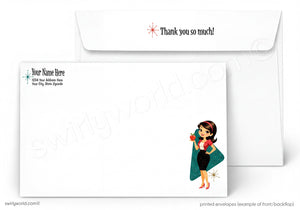 A printed stationery set showing a white envelope behind a matching white card or envelope front. The front has a small illustrated woman in a red dress and teal cape near the lower right, with placeholder text on the upper left.