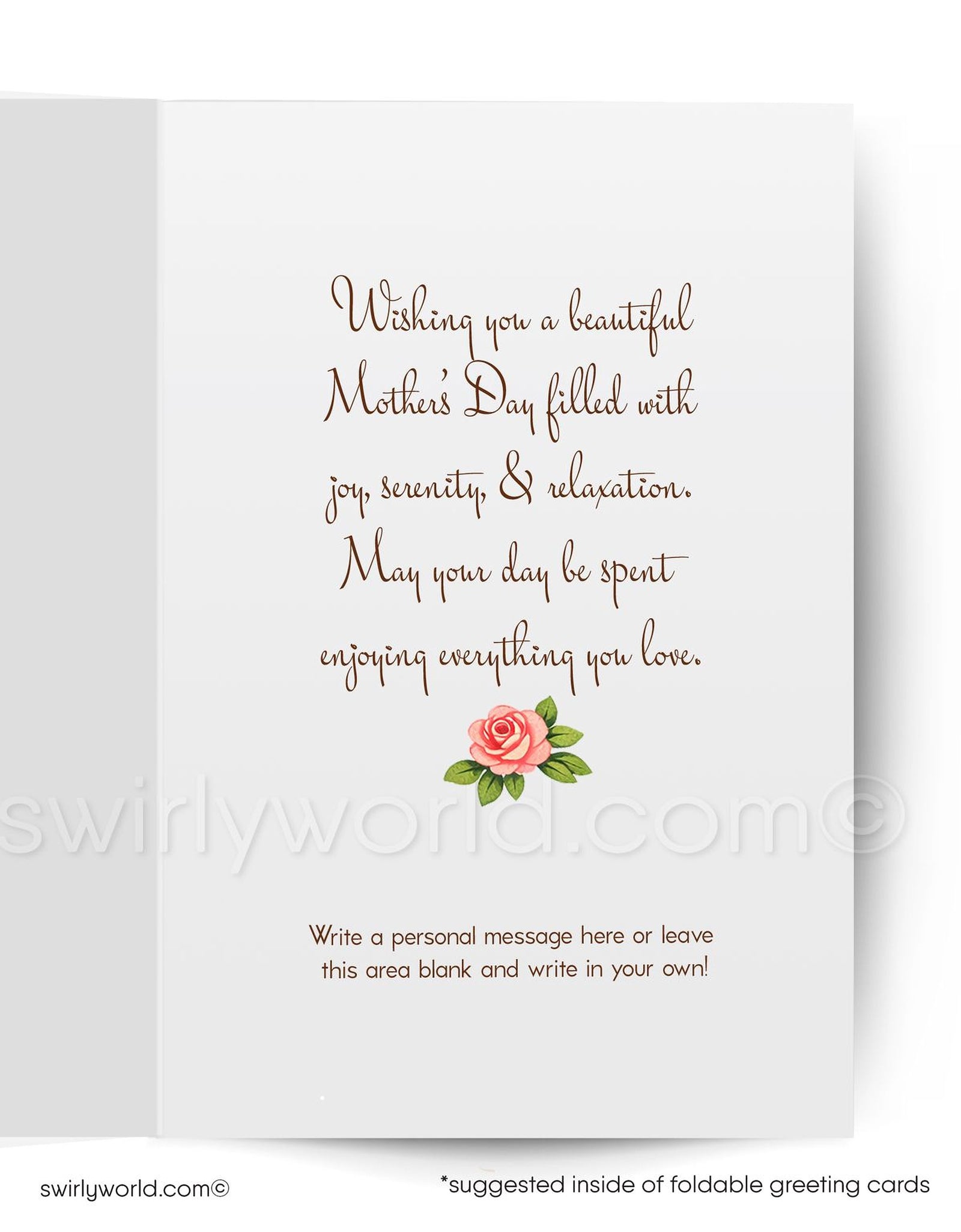Mother's Day card with a pink wheelbarrow filled with flowers and an umbrella on a green background.