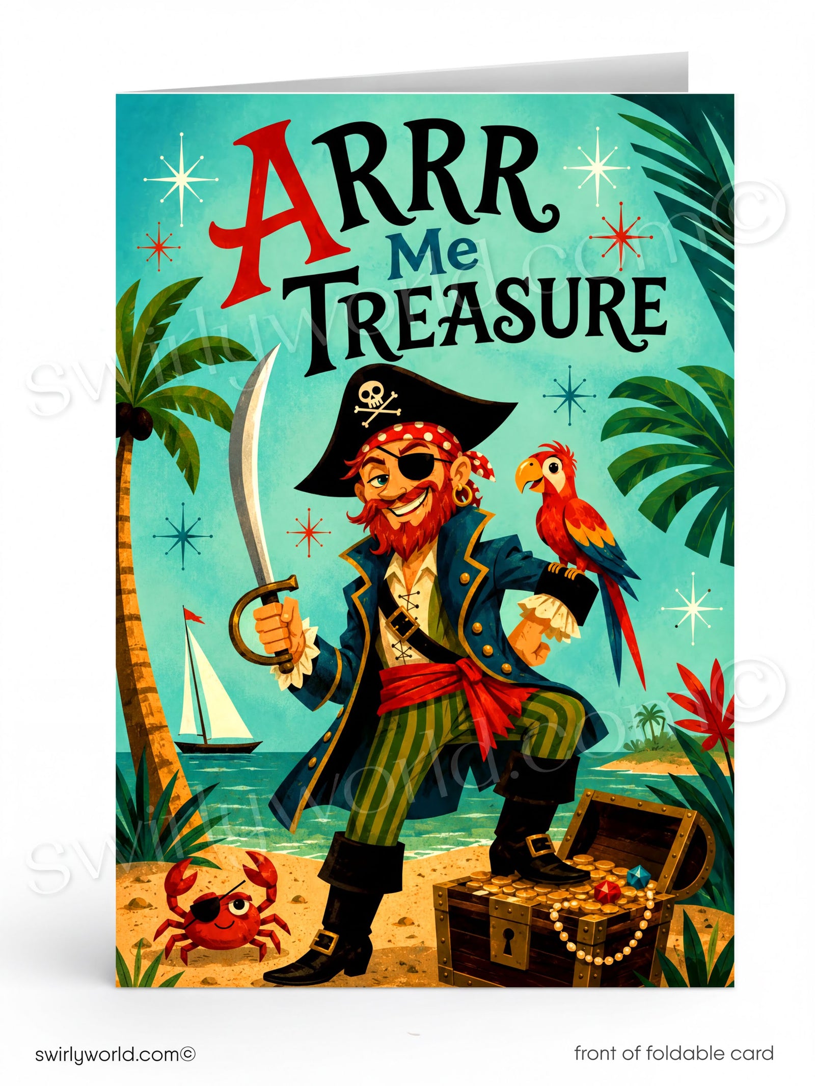 A foldable greeting card featuring a colorful pirate illustration with the text 'ARRR Me TREASURE' on a tropical beach scene with palm trees, a parrot, a crab, and an open treasure chest.