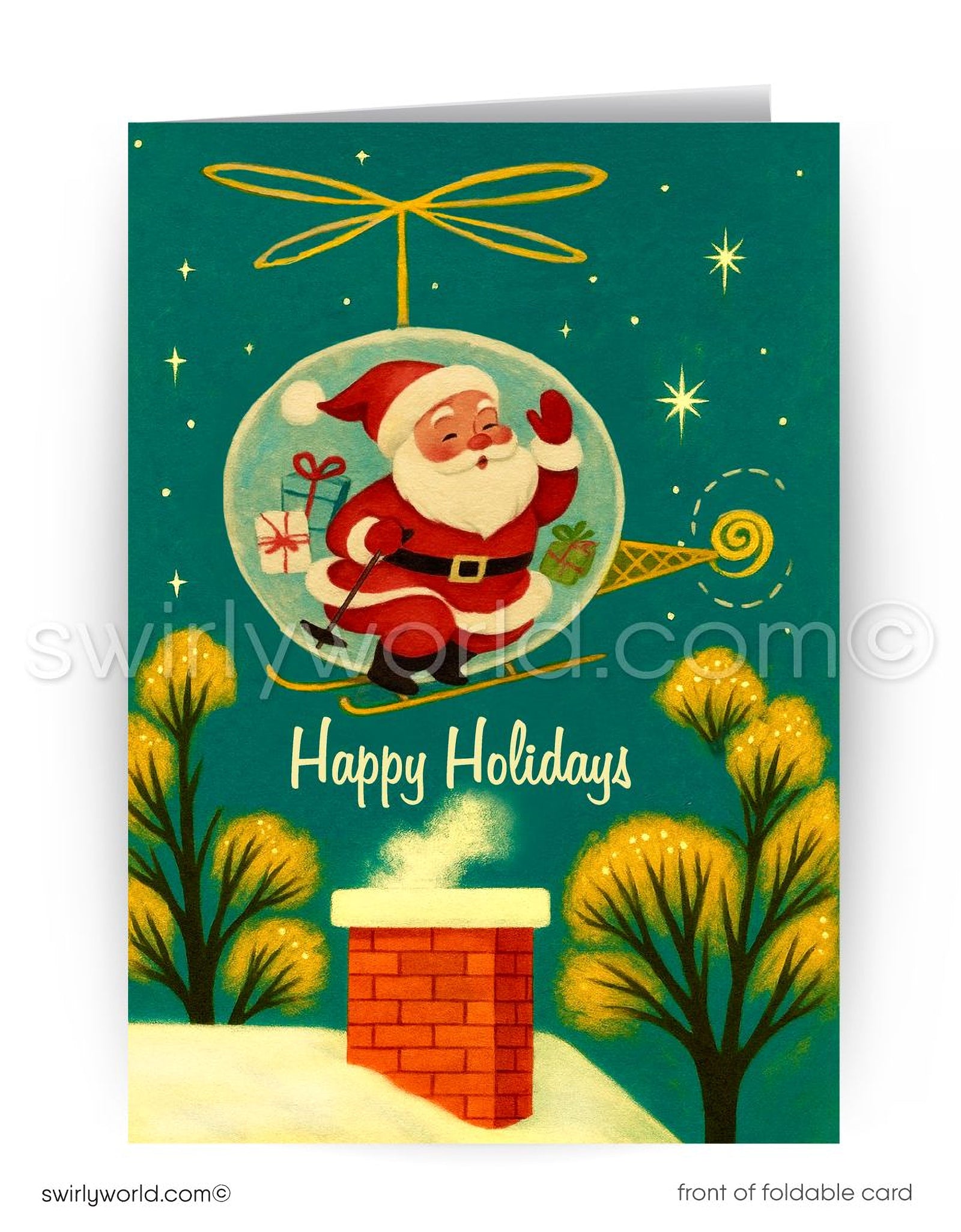 A festive holiday card featuring a Santa Claus figure in a glass bubble, surrounded by a snowy landscape, trees, and a chimney. The card has a green background with a starry night sky and a yellow dragon-like figure above. The text "Happy Holidays" is displayed at the bottom of the card.