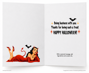 The image is a Halloween-themed greeting card featuring a woman in a red dress with devil horns, along with bats and a bat symbol. The card has a personal message and contact information for sending a message.