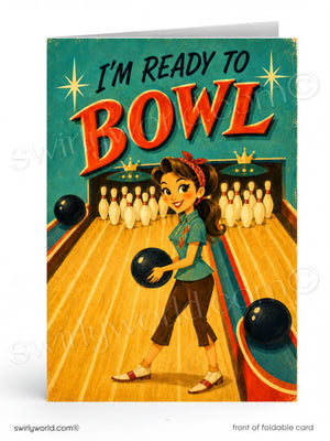 Vintage-style greeting card with a woman ready to bowl, featuring the text 'I'm Ready to Bowl'.