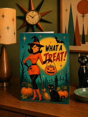 What a Treat Retro Style Pinup Witch Halloween Card