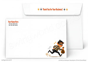 a cartoon character, likely a burgundy-clad figure, running with a bag of money. The background of the image is white, and the foreground features a black border. The text on the envelope reads "Thank You For Your Business!" and includes a placeholder for the recipient's name and address.