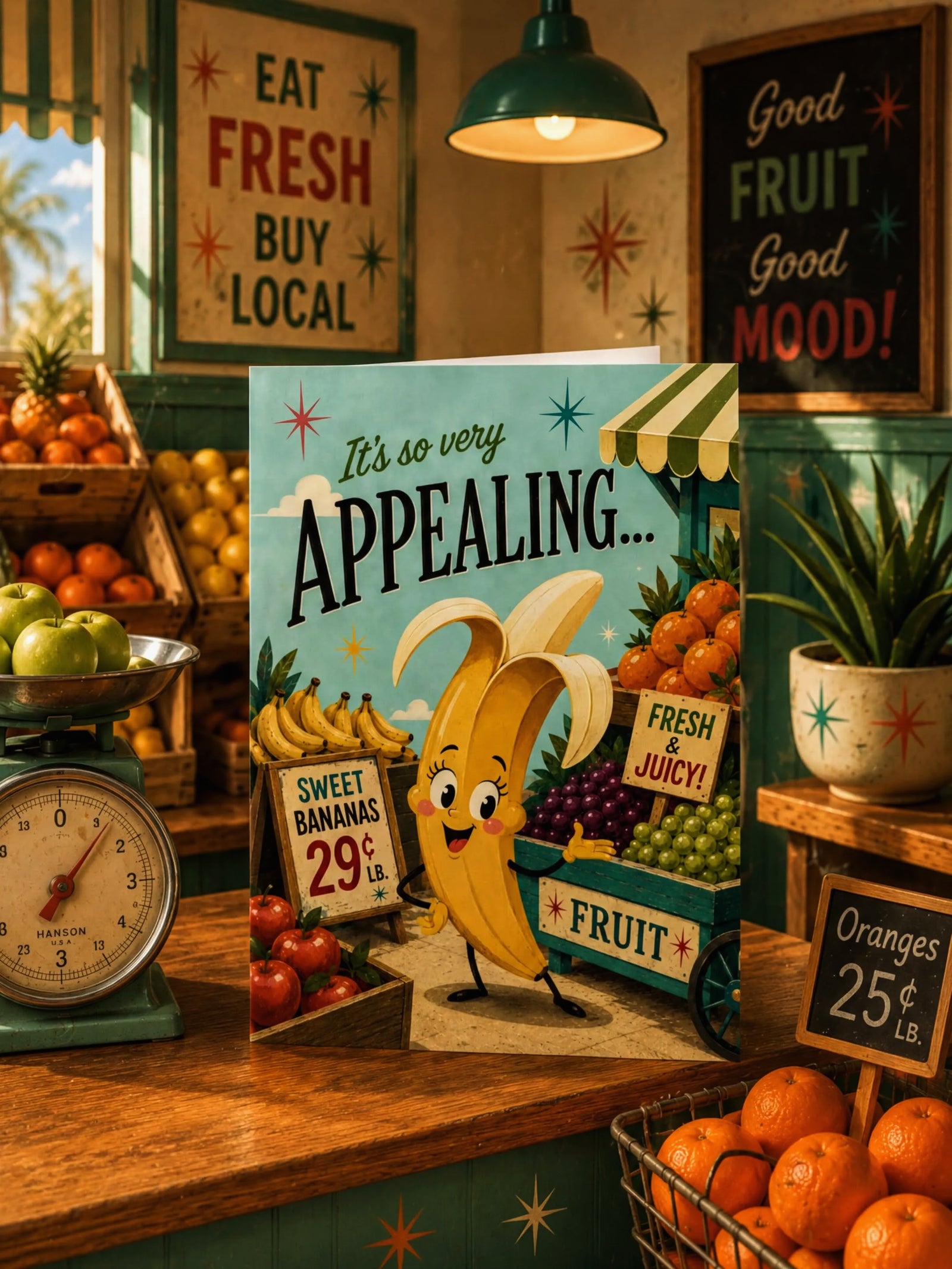 A folded greeting card shown against a white background. The card features a retro-style illustration of a smiling banana standing at a fruit stand with signs reading 'It's so very APPEALING.