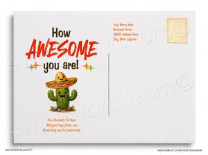 Postcard with a cactus wearing a sombrero and text 'How AWESOME you are!' on a white background.