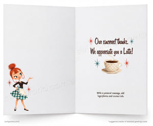 The image is a greeting card featuring a cartoon illustration of a woman with red hair and a polka dot dress, along with a cup of coffee and stars. The card has a message that reads "Our sincerest thanks. We appreciate you a LATE!" and instructions for writing a personal message, including adding photos and contact information.