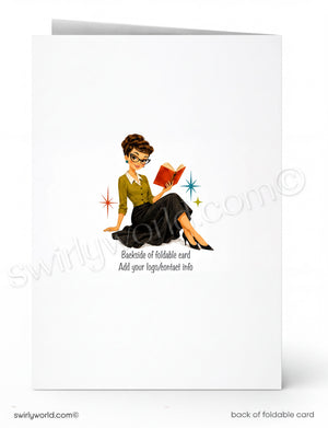 Backside of a foldable card with an illustration of a woman reading a book, featuring the brand 'swirlyworld.com'.