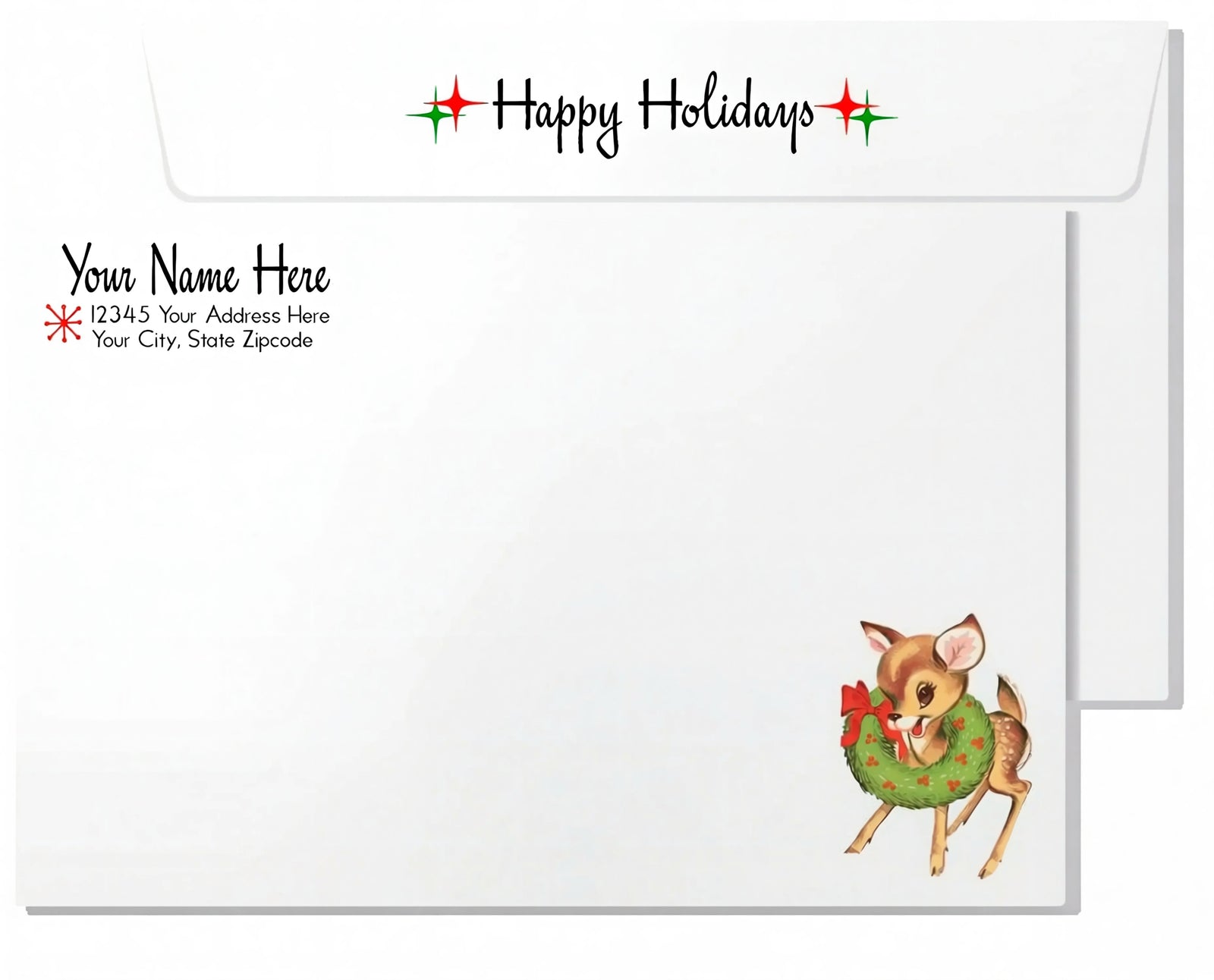 The image is a holiday-themed envelope with a deer wearing a wreath and a magnifying glass. The envelope has a "Happy Holidays" message and a "Swirly World" logo.