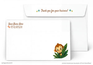 Envelopes with a cartoon monkey design and customizable text fields on a white background
