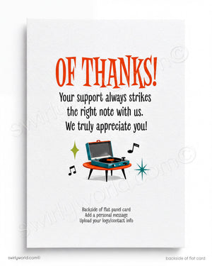Greeting card with a record player illustration and text expressing gratitude.