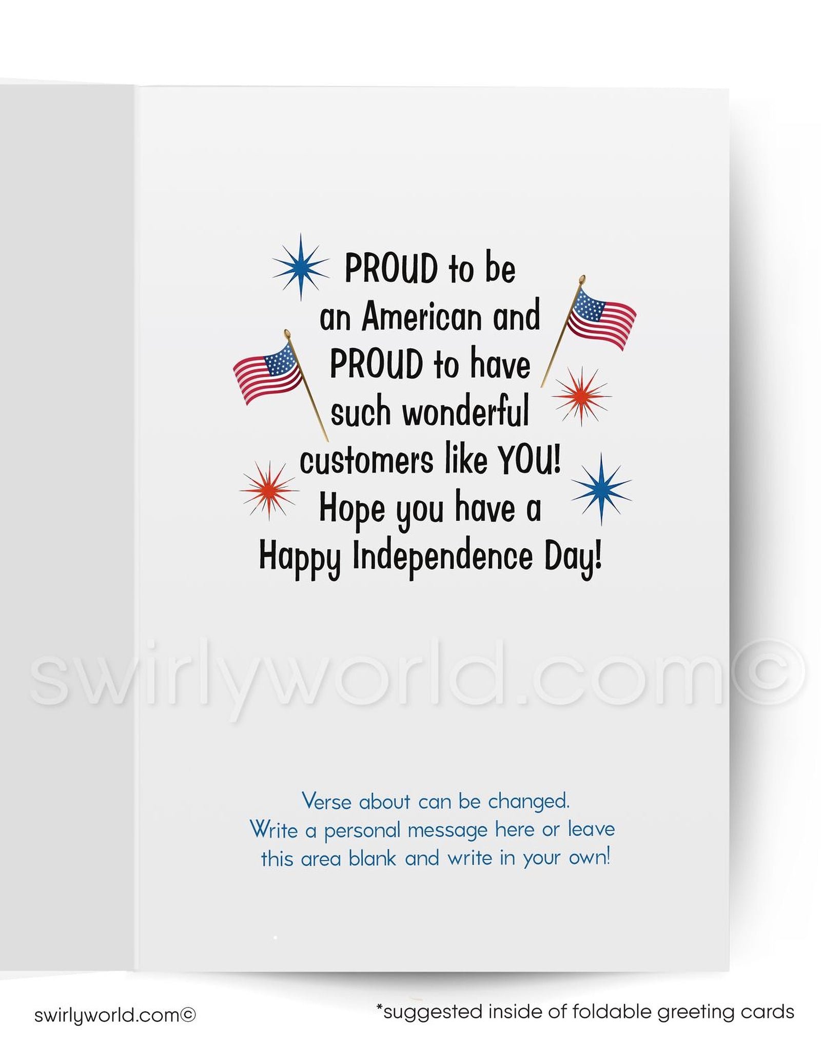 The image is a colorful card celebrating the 4th of July, featuring an illustration of an eagle with its mouth open, surrounded by fireworks and stars.