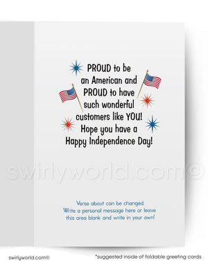 Independence Day greeting card with American flags and stars on a white background