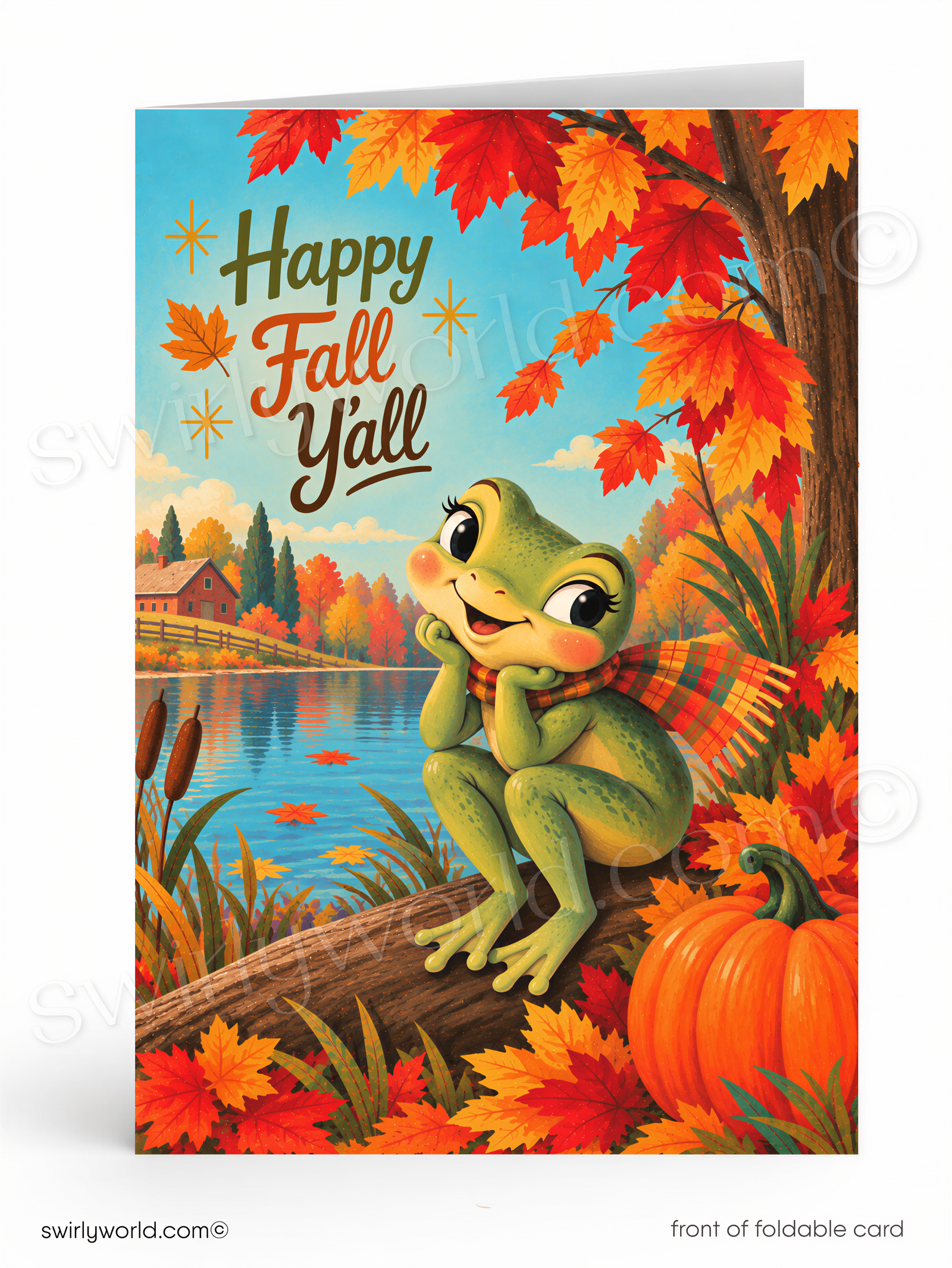 A happy fall greeting card featuring a cartoon frog sitting on a log by a lake, surrounded by colorful autumn leaves and a pumpkin.