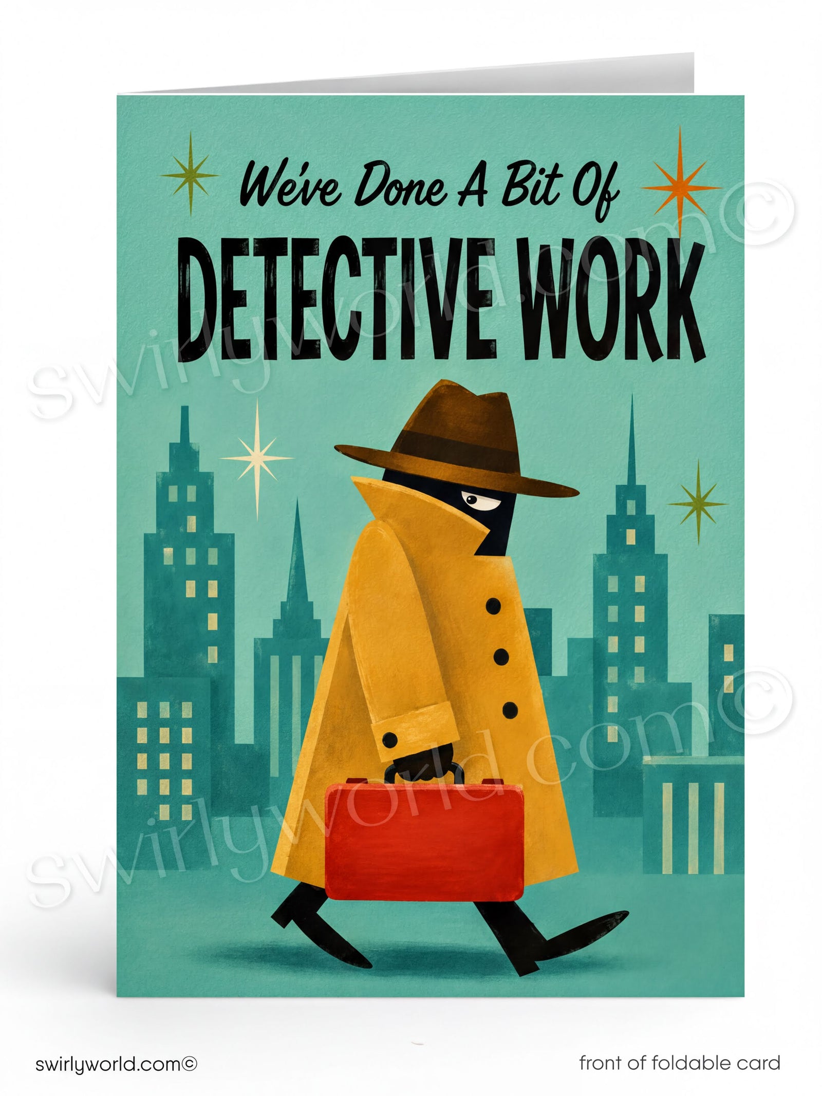 A folded greeting card shown standing upright on a white background. The card features a stylized detective character in a yellow trench coat and brown hat walking with a red suitcase against a teal city skyline.