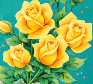 A vibrant bouquet of yellow roses with green leaves against a teal background.