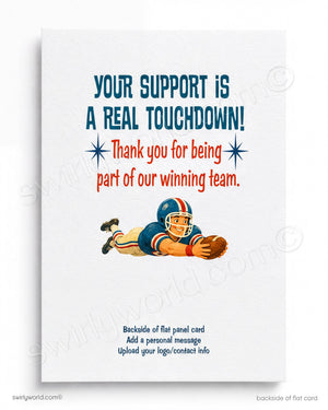 Card with football player graphic and text 'Your support is a real touchdown! Thank you for being part of our winning team.'