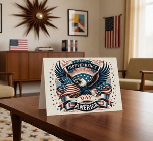 A greeting card with an American eagle and the text "Happy Independence Day America" is displayed on a wooden table in a living room setting.
