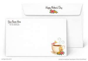 The image is a printed envelope featuring a Mother's Day greeting and a cup of tea with a bird on it.