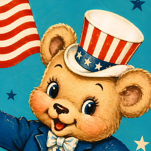 A cheerful teddy bear wearing a top hat and suit, with an American flag in the background, against a blue sky with stars.
