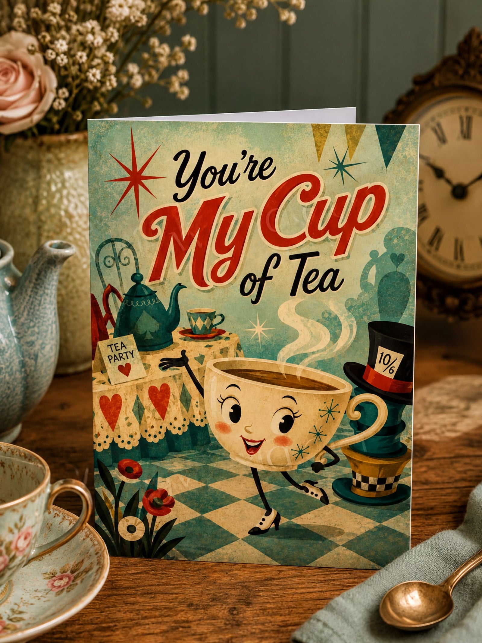 a card with a cartoon character holding a cup of tea